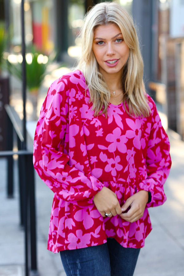 Red & Magenta Floral V Neck Woven Babydoll Top - Coeur de la Mode