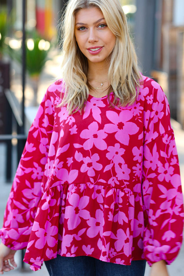 Red & Magenta Floral V Neck Woven Babydoll Top - Coeur de la Mode