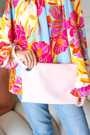 Blush Faux Leather Handle Zipper Clutch