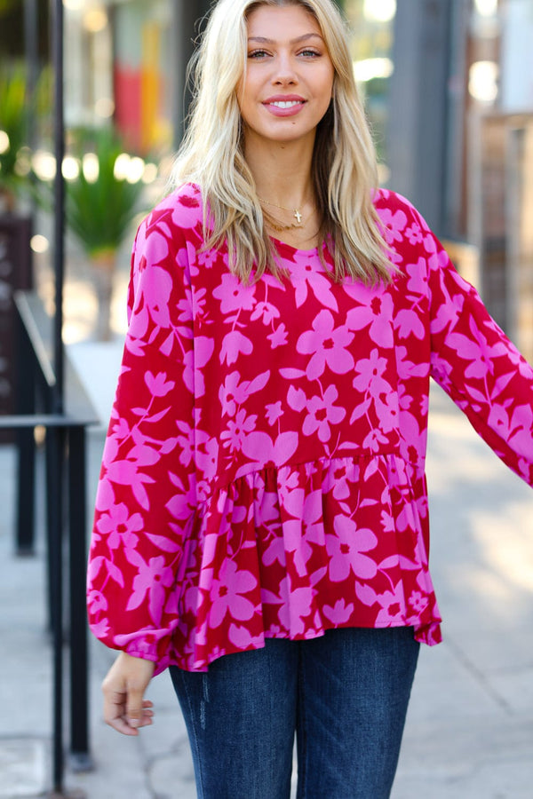 Red & Magenta Floral V Neck Woven Babydoll Top - Coeur de la Mode
