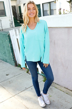 Eyes On You Seafoam Mineral Wash Rib Notch Neck Pocket Top - Coeur de la Mode