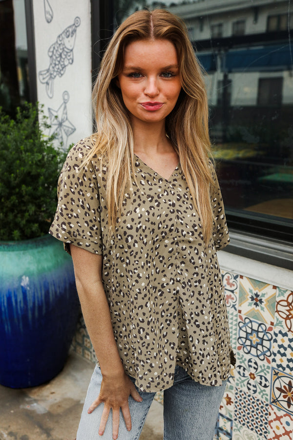 Best In Bold Sage Animal Print V Neck Dolman Side Slit Top - Coeur de la Mode