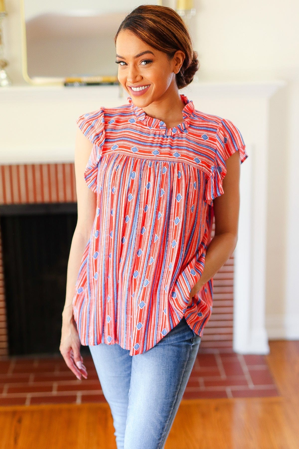 Red & Blue Boho Stripe Flutter Sleeve Top