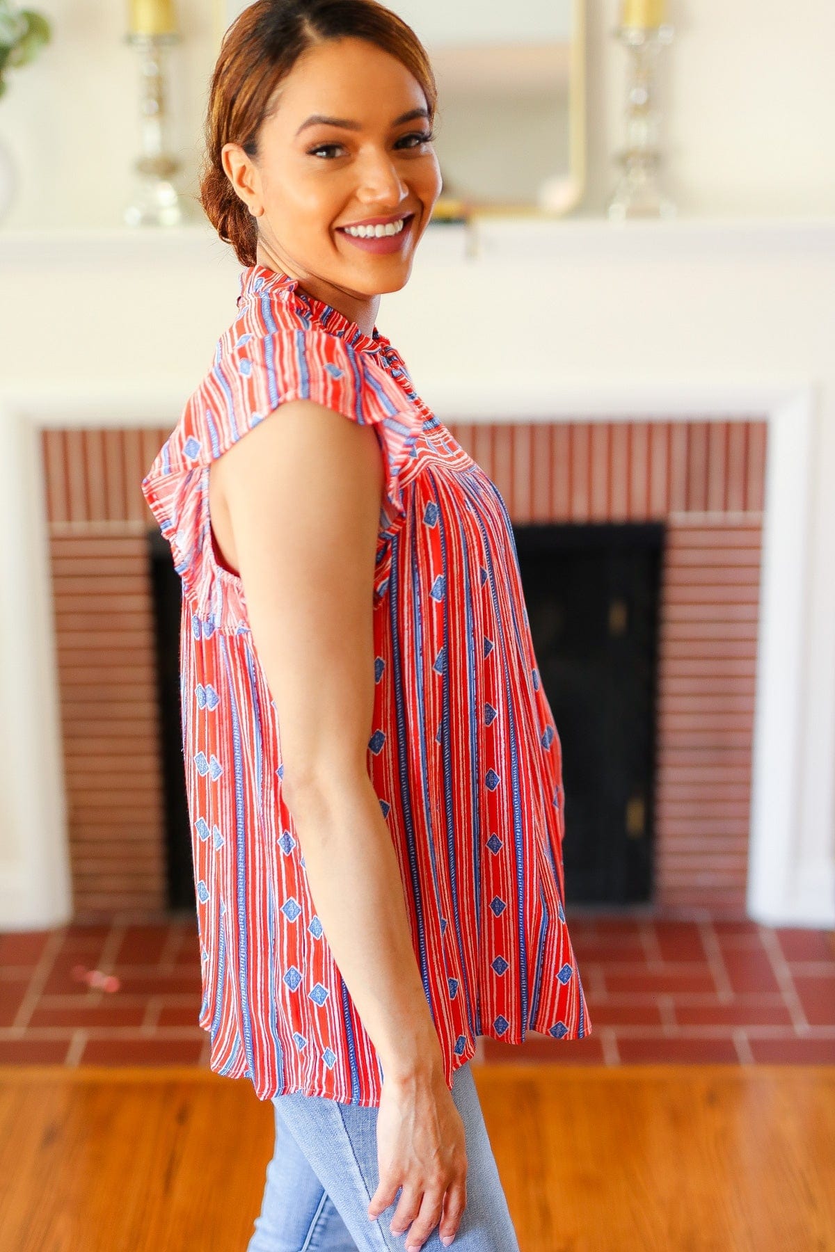 Red & Blue Boho Stripe Flutter Sleeve Top