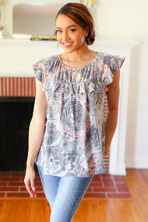 Everyday Gray & Coral Tie Dye Frilled Short Sleeve Yoke Top - Coeur de la Mode