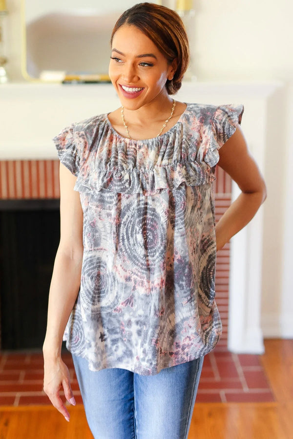 Everyday Gray & Coral Tie Dye Frilled Short Sleeve Yoke Top - Coeur de la Mode