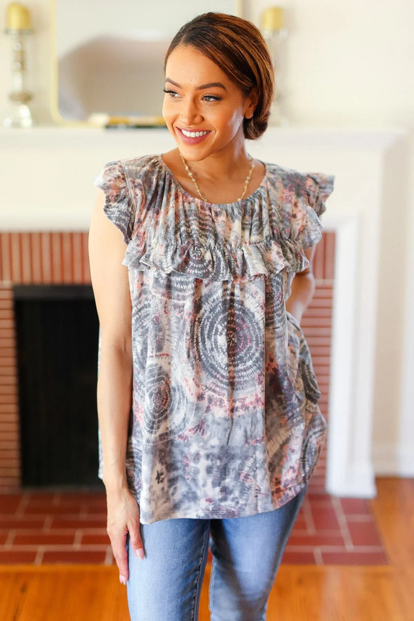 Everyday Gray & Coral Tie Dye Frilled Short Sleeve Yoke Top - Coeur de la Mode