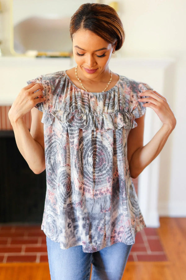 Everyday Gray & Coral Tie Dye Frilled Short Sleeve Yoke Top - Coeur de la Mode