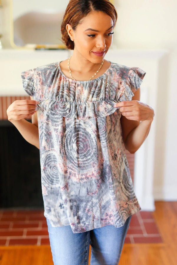 Everyday Gray & Coral Tie Dye Frilled Short Sleeve Yoke Top - Coeur de la Mode