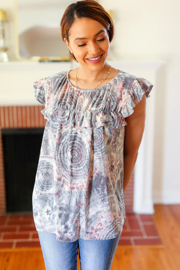 Everyday Gray & Coral Tie Dye Frilled Short Sleeve Yoke Top - Coeur de la Mode