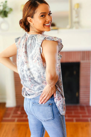 Everyday Gray & Coral Tie Dye Frilled Short Sleeve Yoke Top - Coeur de la Mode