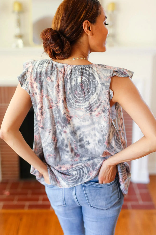 Everyday Gray & Coral Tie Dye Frilled Short Sleeve Yoke Top - Coeur de la Mode