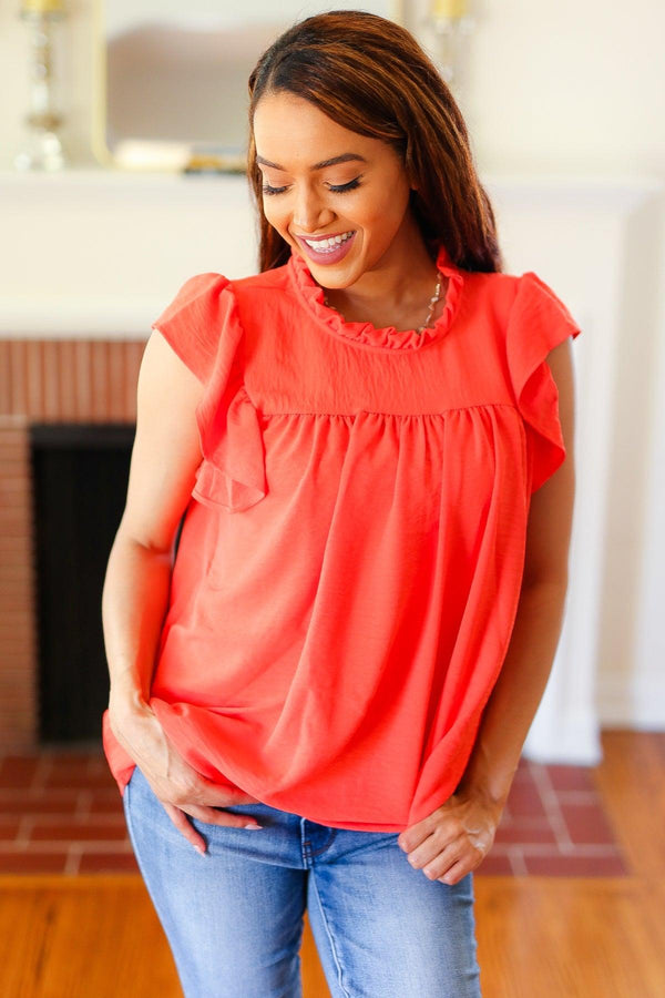 Red-Orange Mock Neck Flutter Sleeve Top - Coeur de la Mode
