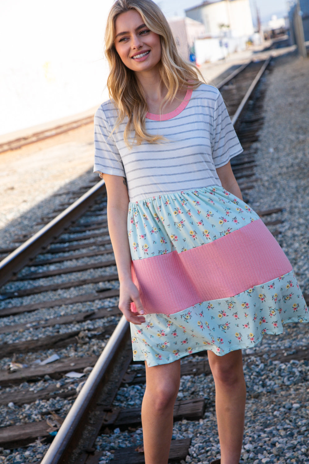 Floral and Stripe Color Block Fit and Flare Rib Dress