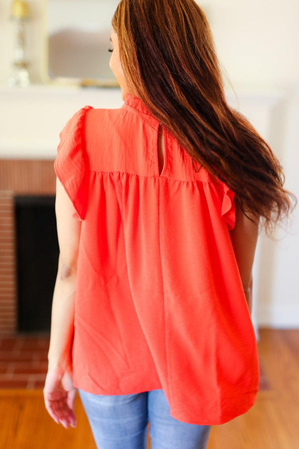 Red-Orange Mock Neck Flutter Sleeve Top - Coeur de la Mode