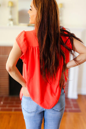 Red-Orange Mock Neck Flutter Sleeve Top - Coeur de la Mode