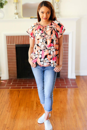 Peach Tropical Floral Tie Neck Raglan Top - Coeur de la Mode