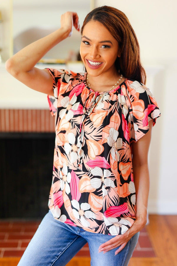 Peach Tropical Floral Tie Neck Raglan Top - Coeur de la Mode