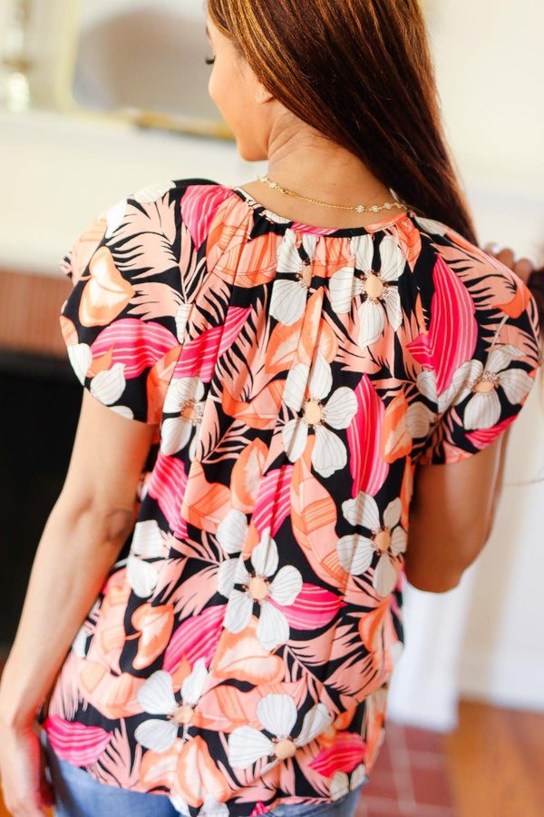 Peach Tropical Floral Tie Neck Raglan Top - Coeur de la Mode