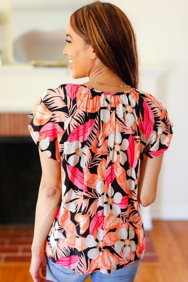 Peach Tropical Floral Tie Neck Raglan Top - Coeur de la Mode