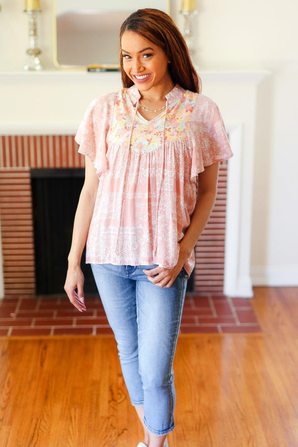 Blush Paisley Floral Yoke Tie Neck Top - Coeur de la Mode