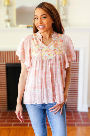 Blush Paisley Floral Yoke Tie Neck Top - Coeur de la Mode