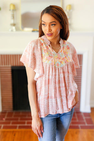 Blush Paisley Floral Yoke Tie Neck Top - Coeur de la Mode