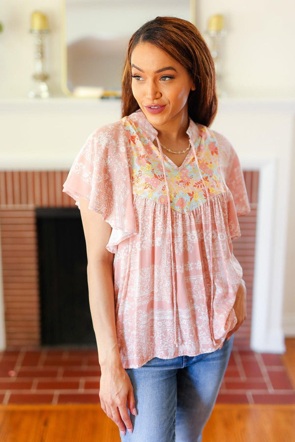 Blush Paisley Floral Yoke Tie Neck Top - Coeur de la Mode