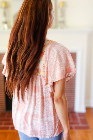 Blush Paisley Floral Yoke Tie Neck Top - Coeur de la Mode