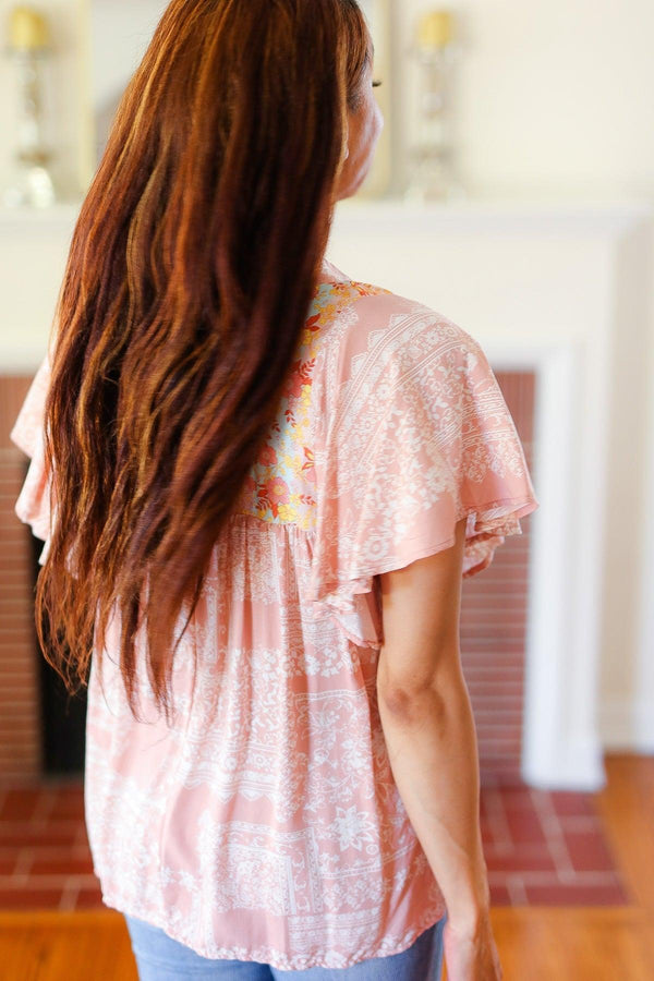 Blush Paisley Floral Yoke Tie Neck Top - Coeur de la Mode