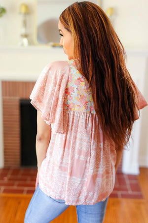 Blush Paisley Floral Yoke Tie Neck Top - Coeur de la Mode