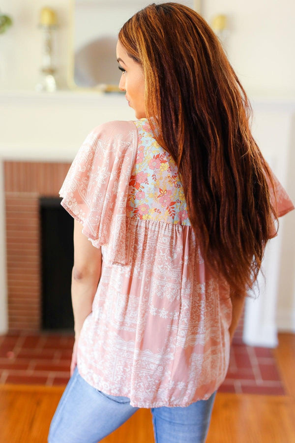 Blush Paisley Floral Yoke Tie Neck Top - Coeur de la Mode