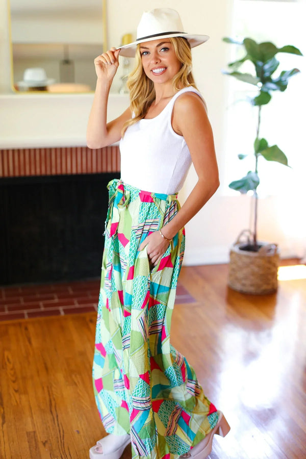 Feeling Couture Ivory & Mint Corded Geo Print Wide Leg Jumpsuit - Coeur de la Mode