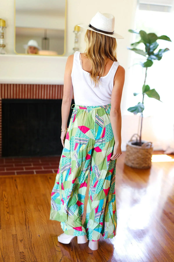 Feeling Couture Ivory & Mint Corded Geo Print Wide Leg Jumpsuit - Coeur de la Mode