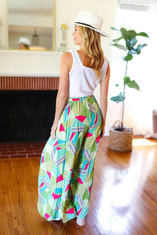 Feeling Couture Ivory & Mint Corded Geo Print Wide Leg Jumpsuit - Coeur de la Mode