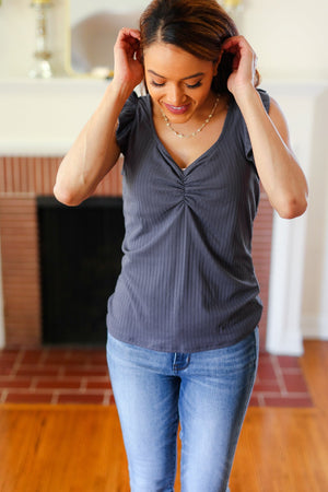 Sunny Days Charcoal Sweetheart Neckline Ribbed Top - Coeur de la Mode