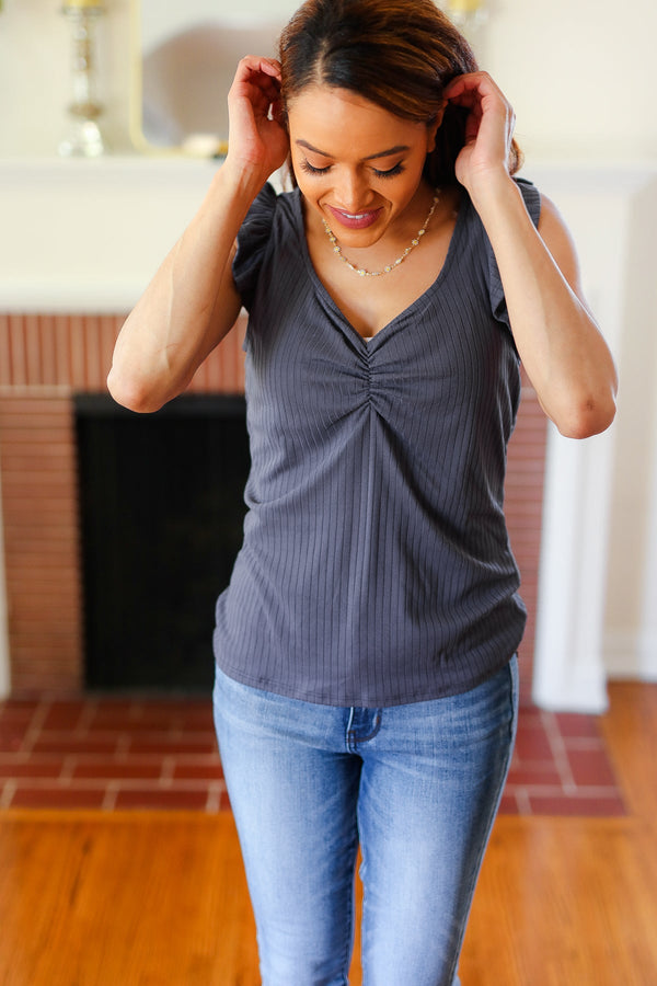 Sunny Days Charcoal Sweetheart Neckline Ribbed Top - Coeur de la Mode