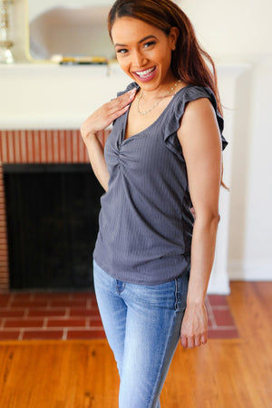 Sunny Days Charcoal Sweetheart Neckline Ribbed Top - Coeur de la Mode