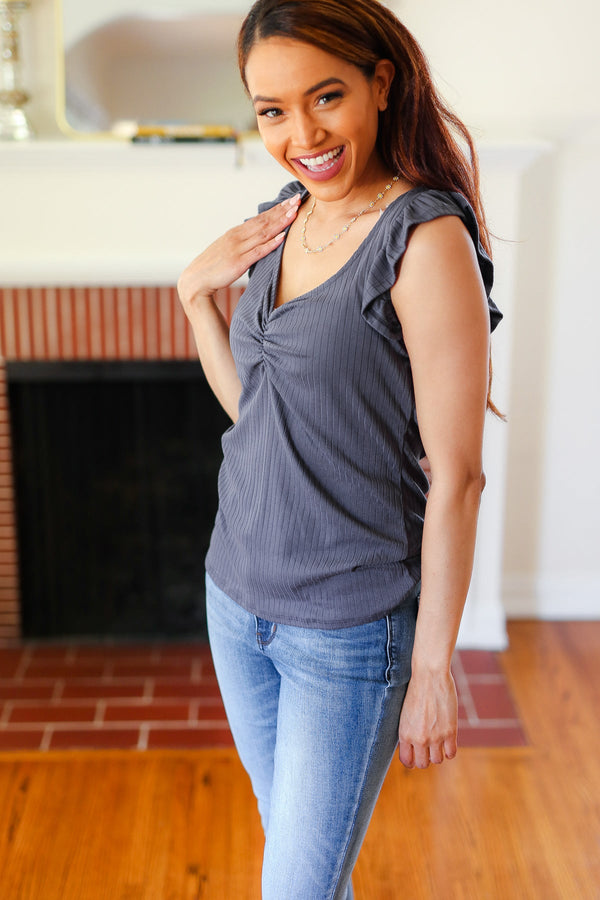 Sunny Days Charcoal Sweetheart Neckline Ribbed Top - Coeur de la Mode