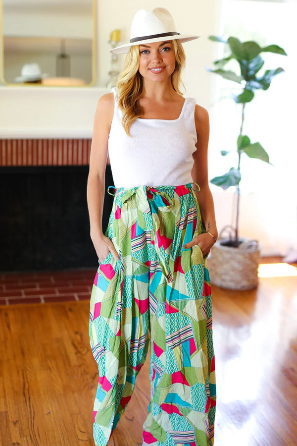 Feeling Couture Ivory & Mint Corded Geo Print Wide Leg Jumpsuit - Coeur de la Mode