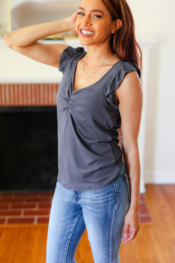 Sunny Days Charcoal Sweetheart Neckline Ribbed Top - Coeur de la Mode