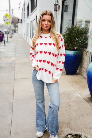 Be Mine White Jacquard Heart Stripe Pullover Sweater - Coeur de la Mode