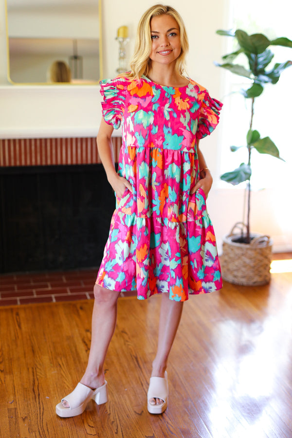 Look of Love Fuchsia Abstract Floral Print Smocked Ruffle Sleeve Dress - Coeur de la Mode