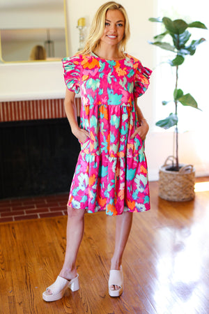 Look of Love Fuchsia Abstract Floral Print Smocked Ruffle Sleeve Dress - Coeur de la Mode