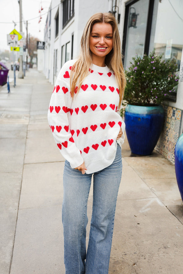 Be Mine White Jacquard Heart Stripe Pullover Sweater - Coeur de la Mode