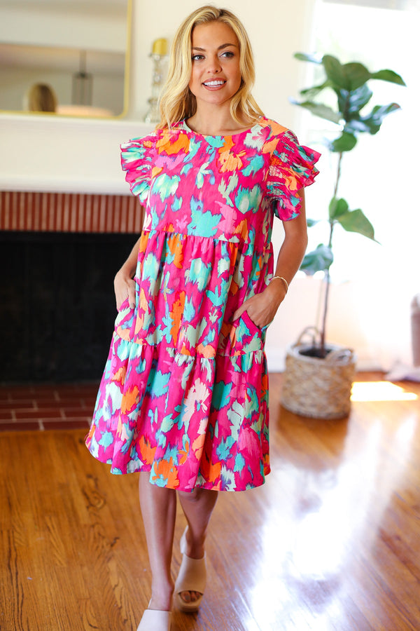 Look of Love Fuchsia Abstract Floral Print Smocked Ruffle Sleeve Dress - Coeur de la Mode