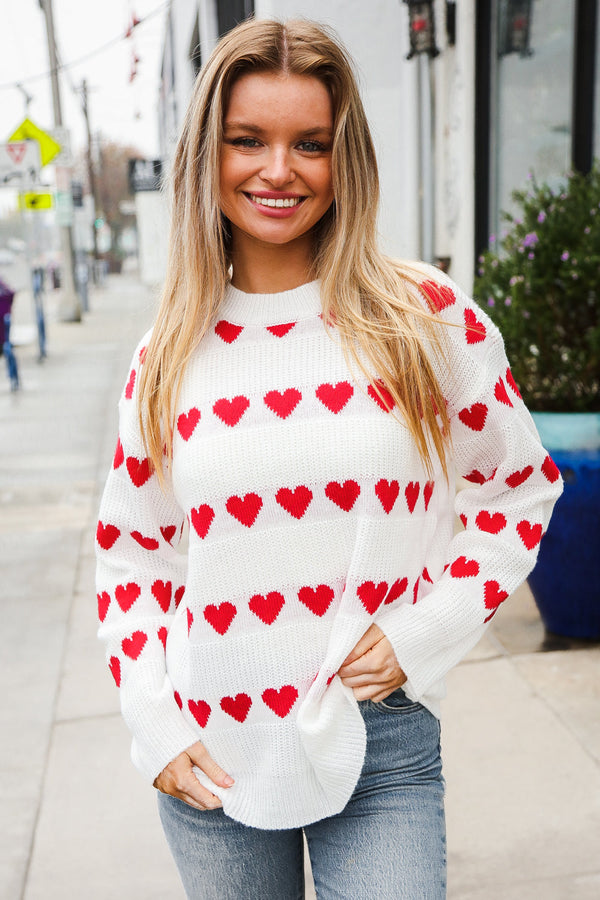 Be Mine White Jacquard Heart Stripe Pullover Sweater - Coeur de la Mode