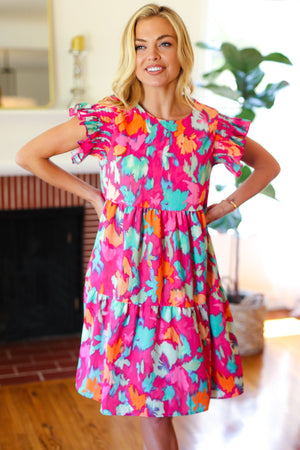 Look of Love Fuchsia Abstract Floral Print Smocked Ruffle Sleeve Dress - Coeur de la Mode