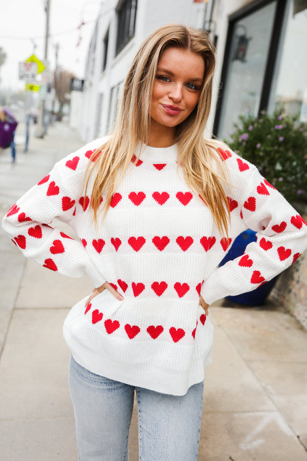 Be Mine White Jacquard Heart Stripe Pullover Sweater - Coeur de la Mode