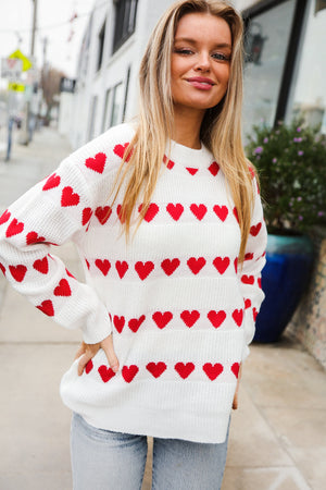 Be Mine White Jacquard Heart Stripe Pullover Sweater - Coeur de la Mode